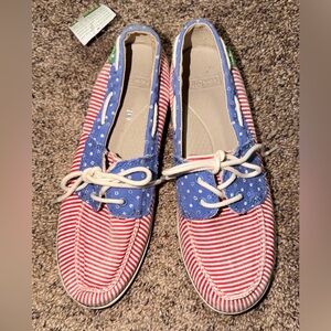 Sanuk Boat Shoes Womens Red White Blue Patriotic Comfort Sailaway USA